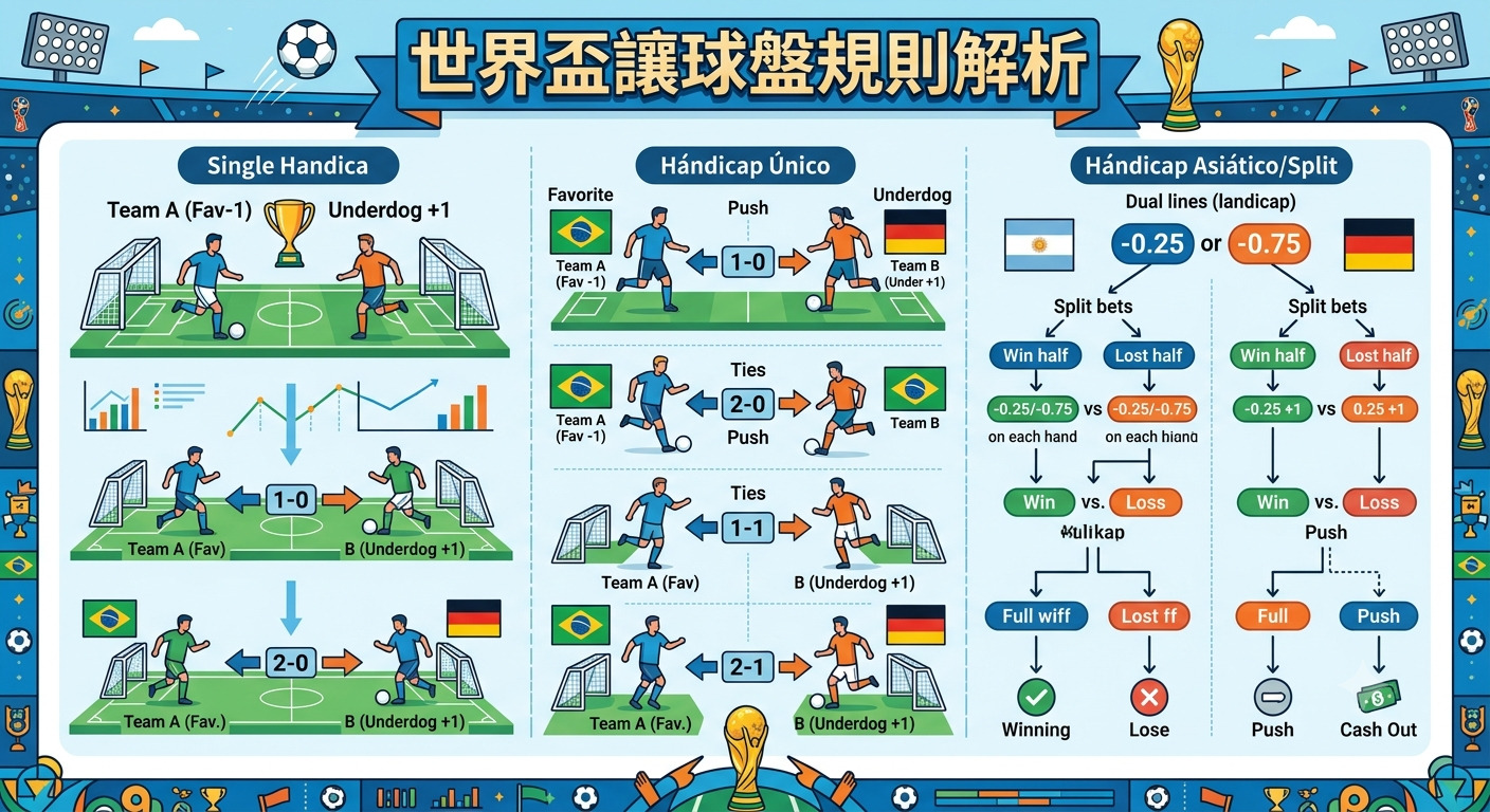 這張圖片以「世界盃讓球盤規則解析」為標題，詳細圖解說明了足球賽事中單讓球盤與亞洲讓球盤的運作機制。 圖中透過各類比分情境與箭頭指引，生動呈現了球隊勝負、平局以及讓分盤口在不同結果下的結算規則。
