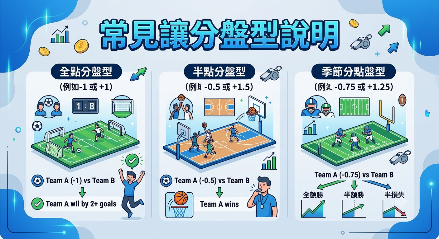 這是一張關於運動賽事讓分盤類型的說明圖，標題為「常見讓分盤型說明」。 圖中詳細解析了全點、半點及賽事盤型的運作方式，並搭配了足球、籃球與美式足球的場景示意圖。
