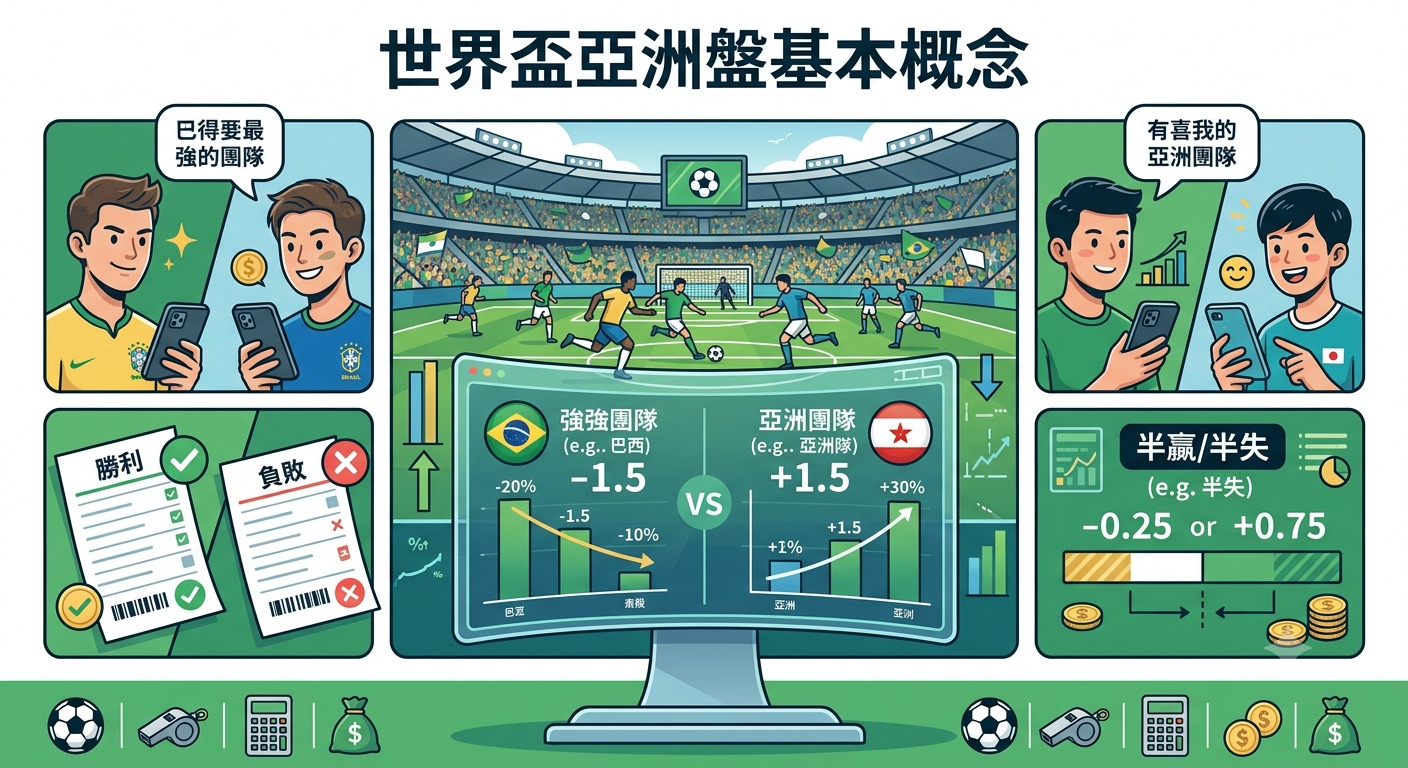 這張圖表說明了世界盃亞洲盤的基本概念，包含對戰隊伍的盤口差異與勝負計算方式。 透過球場情境與數據視覺化，展示了強隊與亞洲隊在讓分機制下的獲利與虧損邏輯。