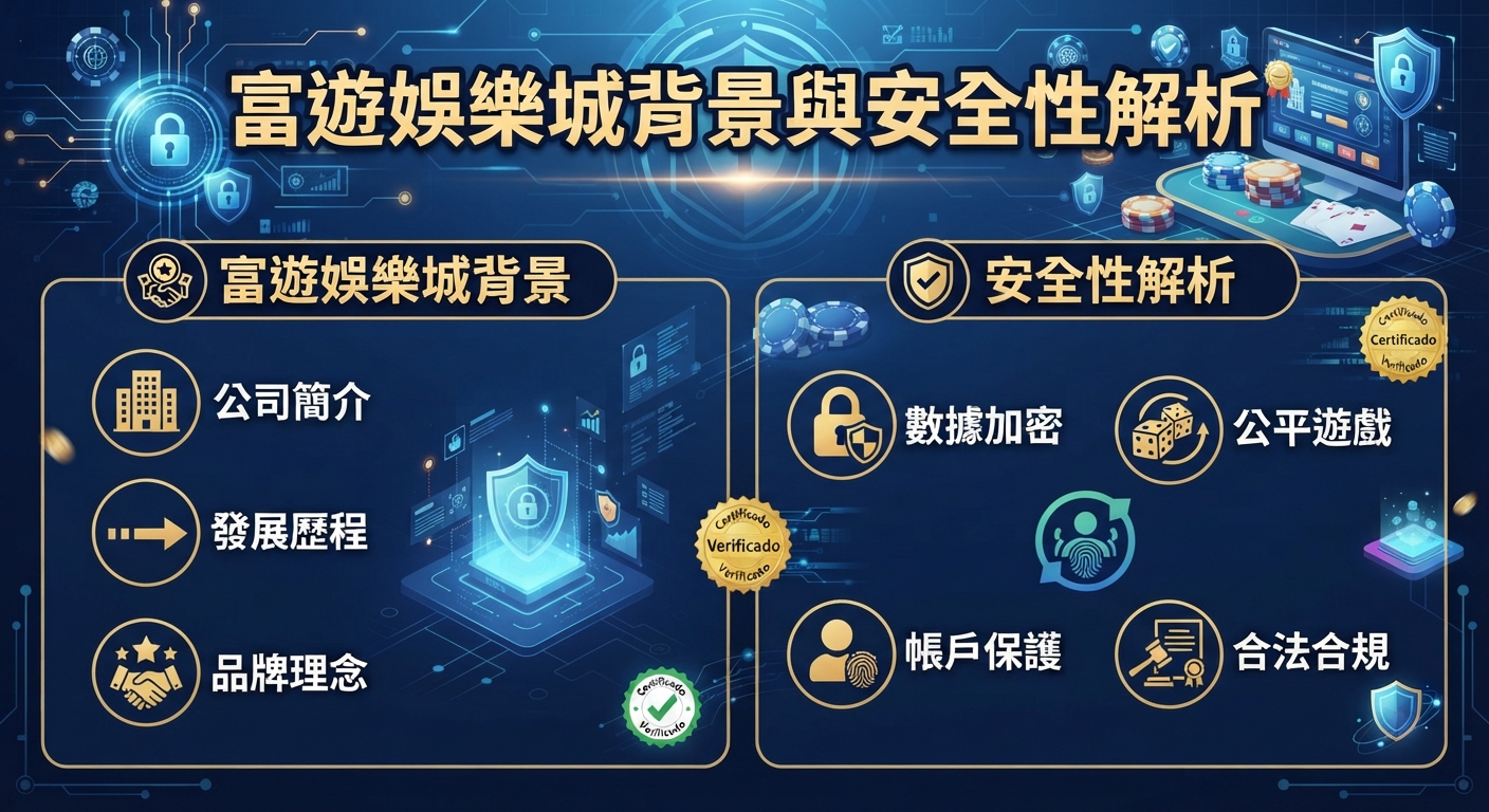 這是一張關於富遊娛樂城背景與安全性解析的主題圖片。 畫面採用藍色科技感設計,並列出相關的公司簡介、發展歷程與數據加密等資訊。