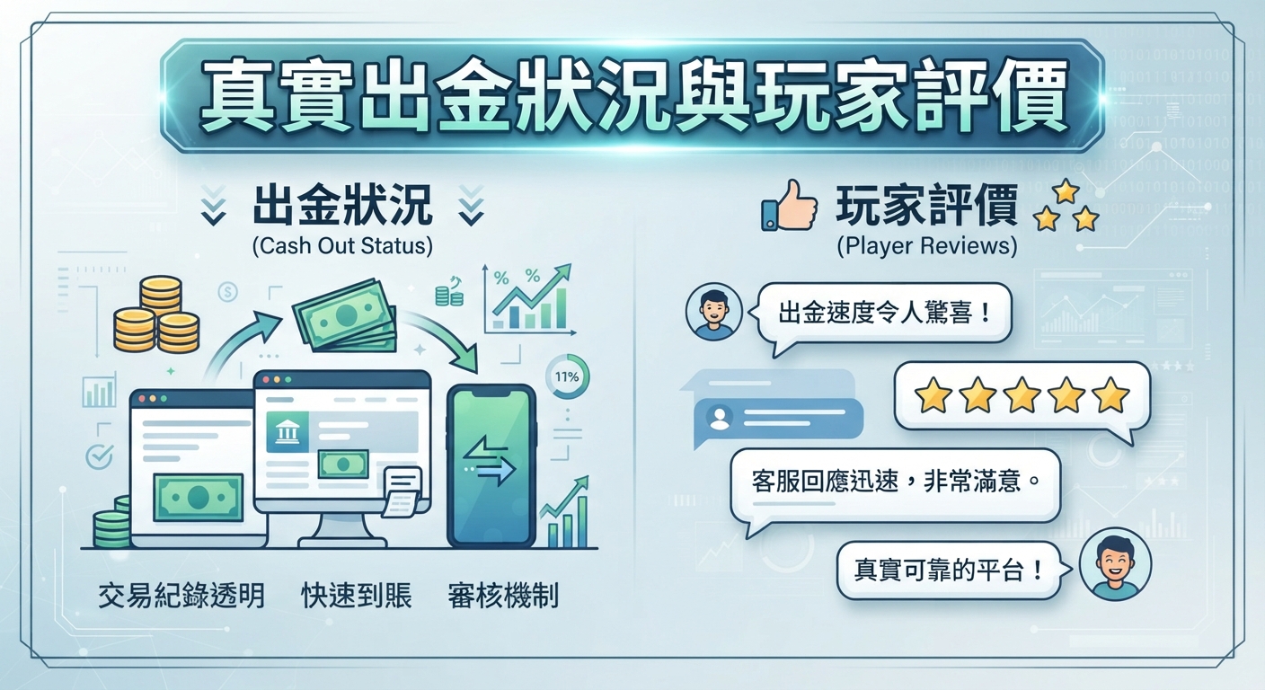 圖片上方醒目地顯示了「真實出金狀況與玩家評價」的標題。 下方則透過圖表與對話框展示了出金狀況的流程以及玩家的真實正面評價。